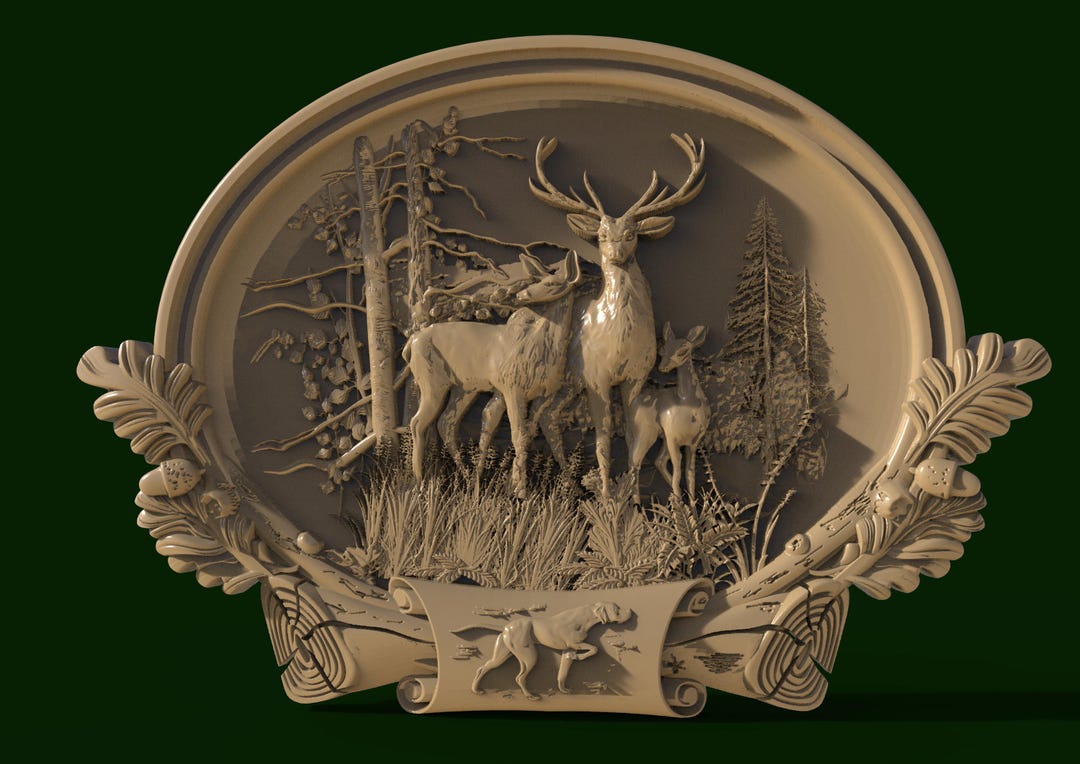 Deer Family 3D STL Model Flat Backside for CNC Router, Engraver, 3D ...