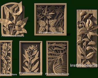 May include: Five different wood carvings of various flowers and plants. Each carving is framed in a rectangular wooden frame. The carvings are all in a light brown colour.