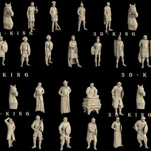 May include: A collection of beige 3D-printed chess pieces, including soldiers, horses, and architectural elements. The text "3D-KING" is visible in the image. The pieces are arranged on a black background.