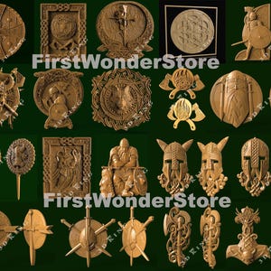 19 peças de modelos 3D STL de escudo celta e tema de guerreiro viking para roteador CNC, gravador, máquina de escultura, impressora 3D Artcam, Aspire, Fusion