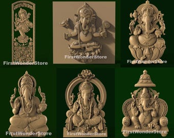 6 Pcs 3D STL Models of God Ganesha Theme 2 Flat Backside CNC Router, Engraver, Carving Machine