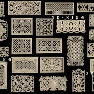 以下が含まれることがあります： さまざまな形とサイズの、複雑に彫刻された装飾パネルのコレクション。パネルには、華やかな花柄、幾何学模様、ケルトノットのデザインが施されています。色は明るいベージュで、「3D-KING」の文字がいくつか見えます。