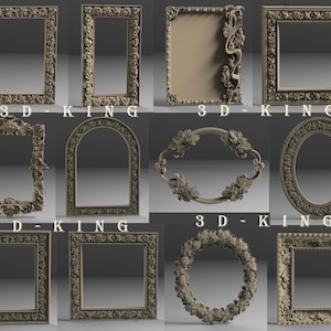 May include: A set of ten ornate, decorative picture frames with intricate carvings. The frames are in various shapes, including square, rectangle, oval, and arched. The frames are all made of a light-colored material, possibly wood or plaster.