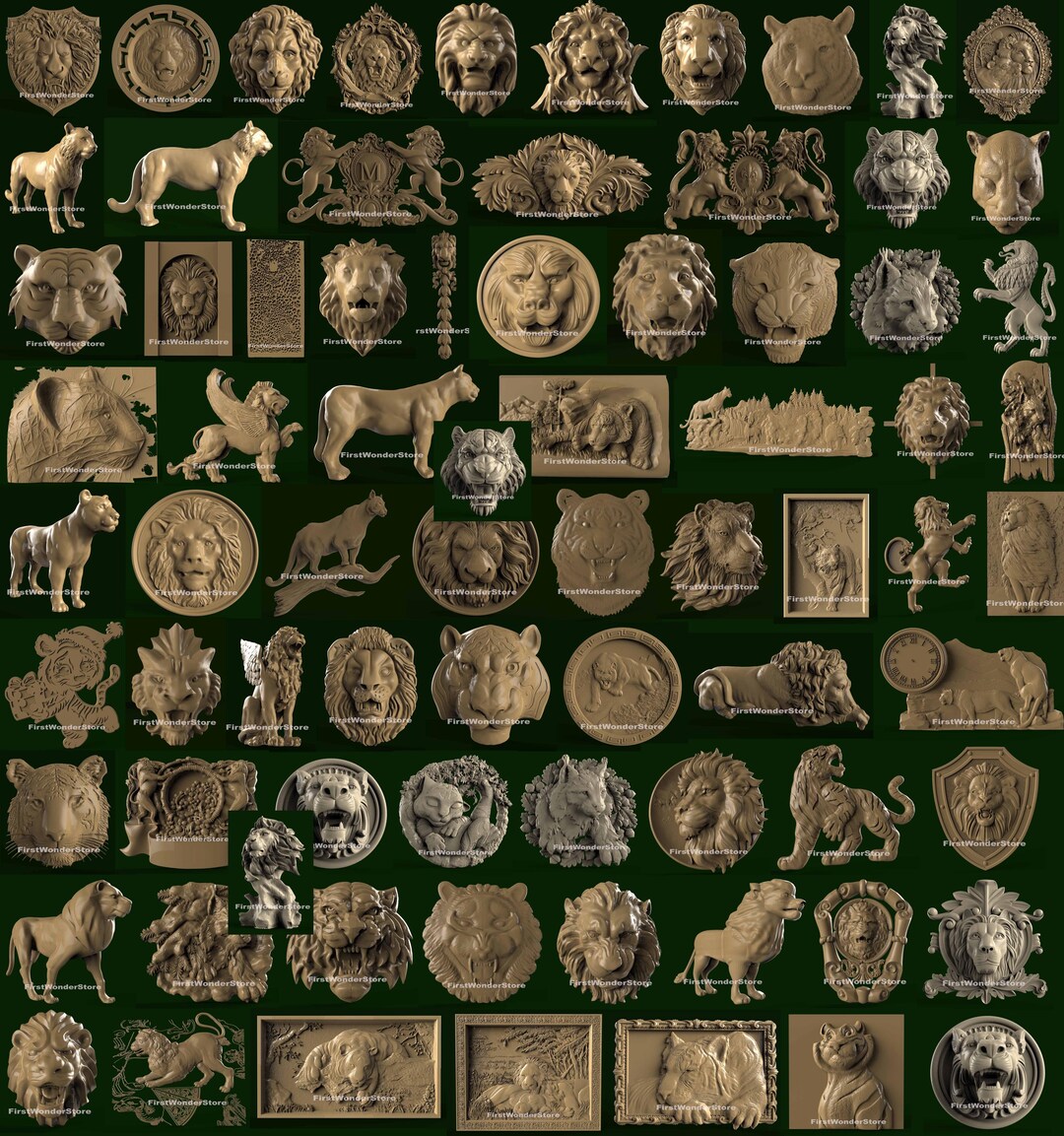 72 Pcs 3D STL Models of Lions Tigers Cheetah Ranter Lynx for CNC Router ...