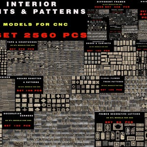 Op de afbeelding: Een digitale collage van 3D STL-modellen voor CNC, met een verscheidenheid aan interieurontwerpelementen en patronen. De afbeelding is verdeeld in secties, die elk een andere categorie ontwerpen tonen, zoals deuren en kasten, decoratieve hoeken en ingelijste decoratieve roosters. De tekst "MEGA SET 2560 PCS" wordt prominent weergegeven bovenaan de afbeelding.