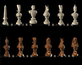 Modelli 3D STL di scacchi: tema Regno d'Egitto contro Zombie (compatibile con fresatrice CNC e stampante 3D)