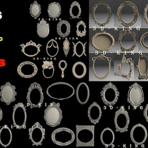 Peut inclure: Un ensemble de 75 cadres ovales, modèles 3D STL pour CNC, conçus pour l'artisanat et la décoration. Les cadres sont ornés et présentent des détails complexes.