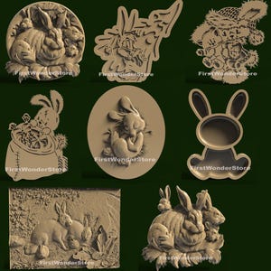 May include: A collection of carved wooden rabbit designs. The designs include a rabbit family in a circle, a cartoon rabbit, a rabbit wearing a hat, a rabbit in a basket, a sleeping rabbit in an egg, a rabbit-shaped frame, and a rabbit family in a field.