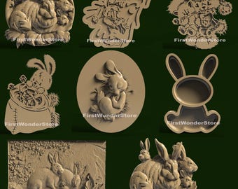 8 Pcs 3D STL Models of Rabbit & Hare Theme for CNC Router, Engraver, Carving, Machine, 3D Printer, VCarve