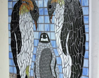 Mosaic, Stained Glass, Emperor Penguins, Baby Penguin, Shoreline, Nature, Penguin Family, Birds