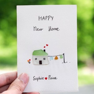 Handgemaakte zeeglaskunst New Home Card - Gepersonaliseerde housewarminggroet, milieuvriendelijk cadeau voor huiseigenaren