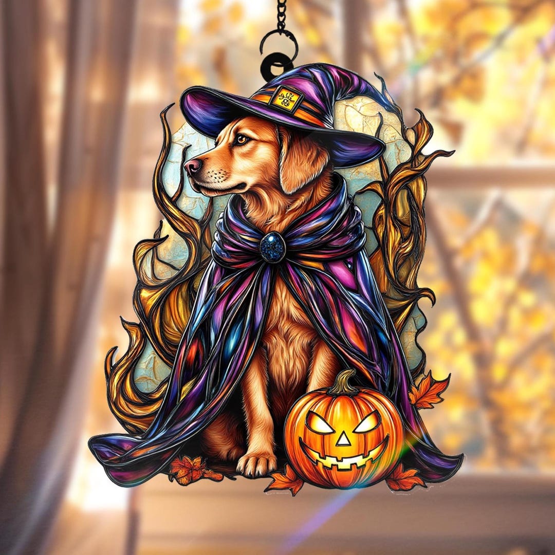 Halloween Golden Retriever Witch Suncatcher: Spooky Dog Acrylic Window ...