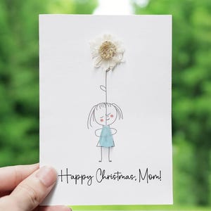 Happy Christmas Mom Card - handgemaakte kaart zeeglas en gedroogde bloemen, kerstcadeau voor moeder, unieke kerstwenskaart