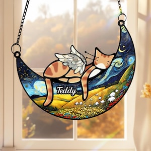 Personalized Sleeping Cat on Moon Suncatcher, Loss of Pet Sympathy Gift, Cat with Wings ACRYLIC Window Hanging, Custom Cat Memorial Gift
