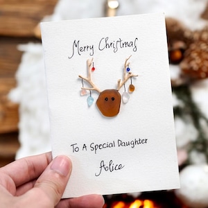 Cartão de Natal feito à mão para filha, arte de rena de vidro marinho, cartão de Natal personalizado, presente de Natal exclusivo, cartão de Feliz Natal para filha