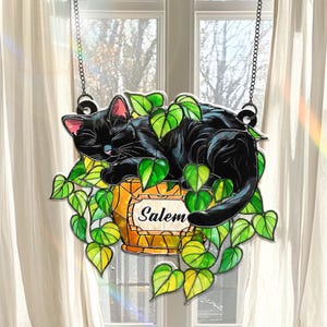 Custom Black Cat Sleeping on Ivy Suncatcher, Pet Memorial Gift, Plant Lover Gift, Cozy Cat Decor, Gift For Mom, Cat In a Flowerpot Ornament