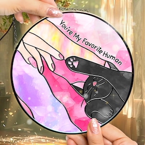 Custom Suncatcher Cat Reaching For A Human Hand With Its Paw Stained Glass Window Panel Hanging Gift for Pet Lovers, Mom, Pet Memorial Gift
