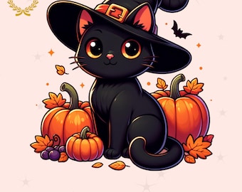 Könnte beinhalten: Eine schwarze Katze mit einem Hexenhut sitzt vor zwei orangefarbenen Kürbissen mit grünen Stielen und Herbstblättern. Die Katze hat große, runde Augen und einen süßen Ausdruck.