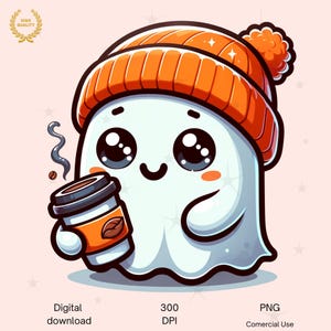 Può includere: Un fantasma dei cartoni animati che indossa un berretto arancione e tiene una tazza di caffè da asporto. Il fantasma ha occhi grandi e un'espressione felice.