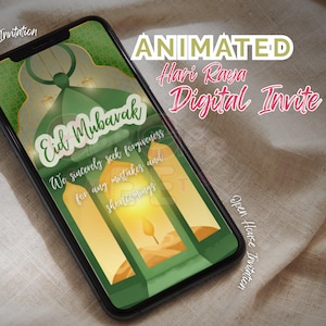 Op de afbeelding: Een smartphone toont een digitale uitnodiging voor Eid Mubarak. Het ontwerp bevat een groene en gouden lantaarnillustratie met de woorden "Eid Mubarak" en "Digital Invite". De tekst "We zoeken oprecht vergeving" is ook zichtbaar.