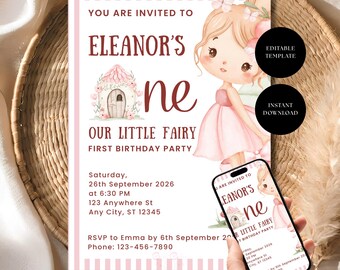 Fairy First Birthday Invitation, Editable Girl Birthday Invite, Magical Party Template, Canva Download