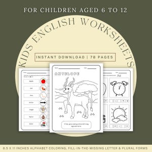 Hojas de trabajo de inglés imprimibles para niños de 6 a 12 años / Colorear el alfabeto, completar las letras que faltan y los plurales / Descarga instantánea