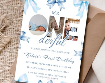 Blue Bow First Birthday Invitation Template, Mr ONEderful Canva Invite, Editable Photo 5x7in Vertical Card