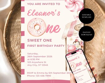 Sweet One Birthday Invitation, Donut First Birthday Invite, Editable Girl Party Template, Canva Download