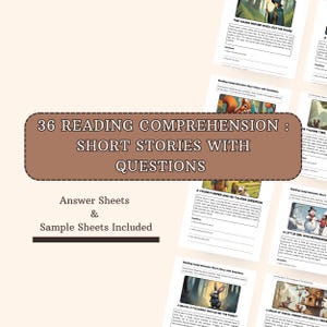 Feuilles d'exercices imprimables en anglais | 36 séries d'histoires de compréhension écrite avec des questions pour les enfants (5-12 ans) | Format A4 et Lettre