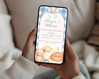 Blue Teddy Bear Animated Birthday Invitation, Editable Canva Template, Boy 1st Birthday, MP4 Digital Invite