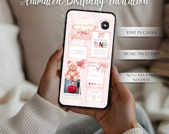 Pink Bow Animated Birthday Invitation | Website Style Canva Template | Editable Girl 1st Birthday Invite | Music Included