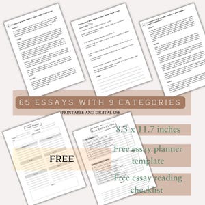 Student English Essay Planner Template | 65 Essay Prompts in 9 Categories | Digital + Printable Essay Bundle | Free Essay Reading Checklist