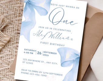 Blue Bow First Birthday Invitation, Canva Template, Printable Editable, Boys Just Wanna Be One