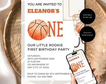 Rookie First Birthday Invitation, Basketball Birthday Invite, Editable Sports Party Template, Canva Download
