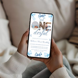 Blue Bow Animated Birthday Invitation, Mr ONEderful First Birthday Invite, Canva Template, Save the Date Calendar, Mobile Video