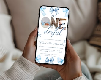 Blue Bow Animated Birthday Invitation, Mr ONEderful First Birthday Invite, Canva Template, Save the Date Calendar, Mobile Video