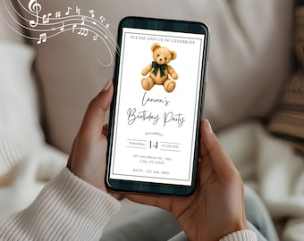 Preppy Teddy Bear First Birthday Invitation Canva Template Animated Editable Boy 10 Second Video
