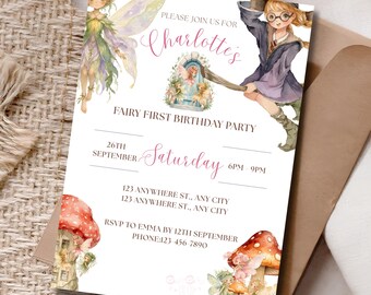 Fairy First Birthday Invitation Template, Editable Canva Invite, Enchanted Woodland Party, Printable 5x7in Vertical