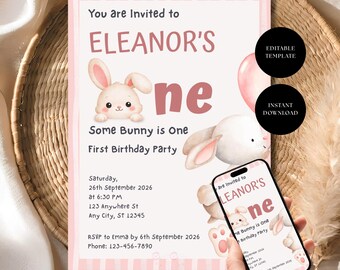 Some Bunny Is One Birthday Invitation, Bunny First Birthday Girl Invite, Editable Canva Template, Rabbit Party Card