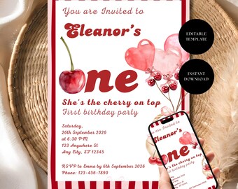 She's The Cherry On Top Invitation, First Birthday Girl Invite, Editable Canva Template, Cherry Party Card