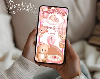 Our Little Beary Animated Birthday Invitation, 20 Second Video Invite, Pink Teddy Bear, Canva Template, First Birthday