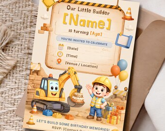 Construction First Birthday Invitation Canva Template Our Little Builder Printable Editable Boy 5x7 Vertical