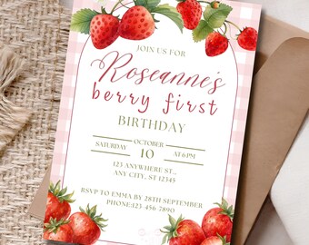 Berry First Birthday Invitation, 5x7 Inch Canva Template, Printable Editable, Strawberry Girl Party Invites