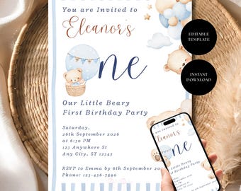Little Beary First Birthday Invitation, Teddy Bear Boy Party Invite, Editable Canva Template Download