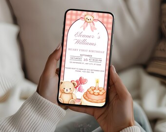 Pink Teddy Bear Animated Birthday Invitation, Editable Canva Template, Girl 1st Birthday, MP4 Digital Video