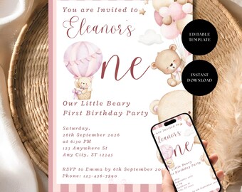 Little Beary First Birthday Invitation, Teddy Bear Girl Party Invite, Editable Canva Template Download