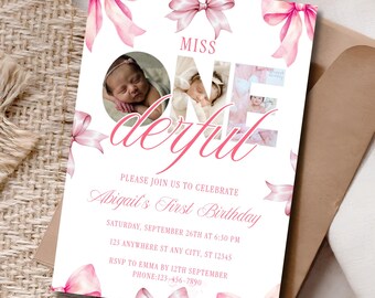Pink Bow First Birthday Invitation Canva Template Editable Printable Miss ONEderful Photo Girl