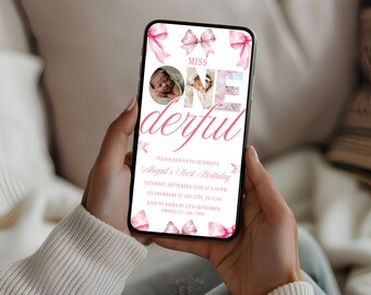Pink Bow Animated Birthday Invitation, Girl First Birthday Invite, Canva Template, Save the Date Calendar, Mobile Video