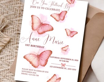Butterfly 1st Birthday Invitation, One Year Fluttered By Invite, Editable Canva Template, Printable Invite