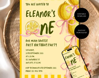 Lemonade Birthday Invitation, First Birthday Girl Invite, Editable Canva Template, Summer Party Card